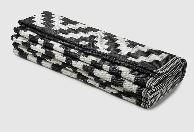 FH Home Outdoor Camping Rug - Waterproof, Fade Resistant, Reversible - Premium Recycled Plastic - Geometric - Large Patio, Deck, Sunroom, RV - Aztec - Black & White - 9 x 12 ft Foldable