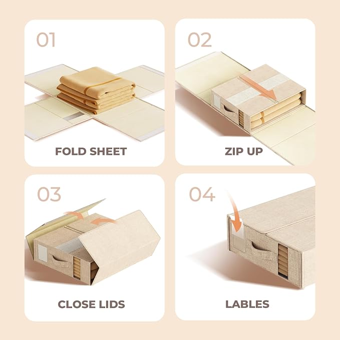 Sheet Organizers and Storage for Linen Closet, 8Pack Beige | 1200D Linen-Type Cloth, Fits King and Queen Sheet Sets, Clear Window and Label Slot, Foldable Dustproof Storage with Handle
