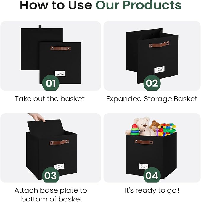 FinishingBo 13 inch Storage Bins with Labels 6 Pack | PU Leather Handles, Foldable Storage Cubes, Storage Baskets, Closet Storage, Black