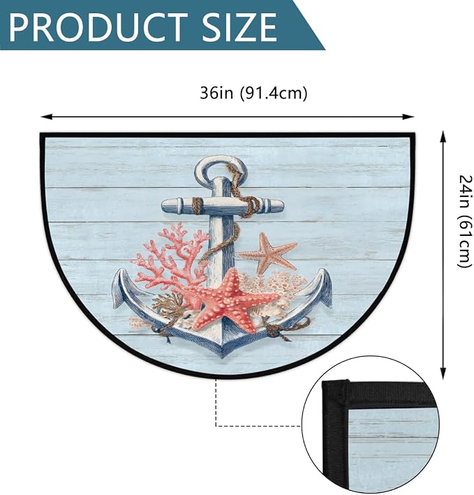 Pardick Half Round Door Mat Woodanchor Starfish Anti-Slip Semi Circle Rug 24X36 Indoor Door Mat Half Moon Bath Mats, Washable Decorative Welcome Floor Mats for Kitchen Bathroom Hearth Fireplace,Q-3