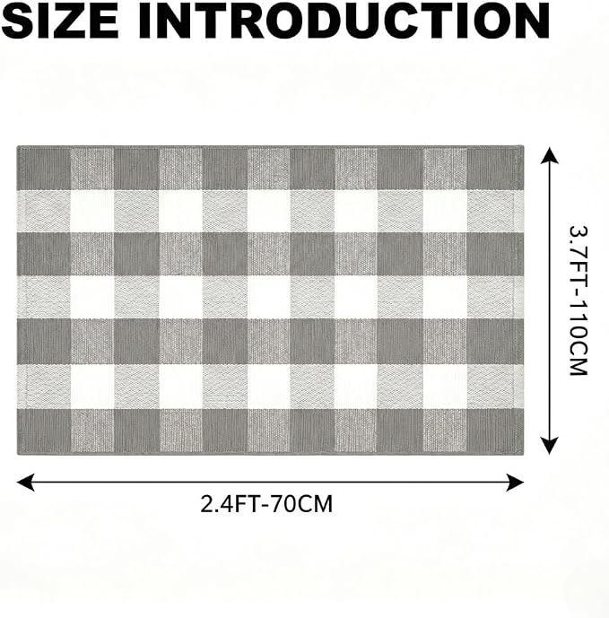 Buffalo Plaid Rug 2'4''x 3'7'' Grey and White Front Door Mat Reversible Layered Porch Rug Washable Hand Woven Cotton Area Rug for Indoor Outdoor Entryway Patio Porch Decor
