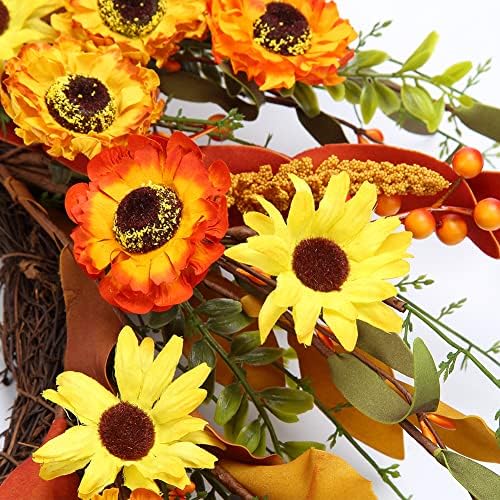 20" Artificial Fall Floral Wreath Orange Daisy Autumn Wreath Wildflowers Wreath for Front Door Wall Window Farmhouse Indoor Outdoor Decoration Thanksgiving Harvest Festival Celebration - Image 6