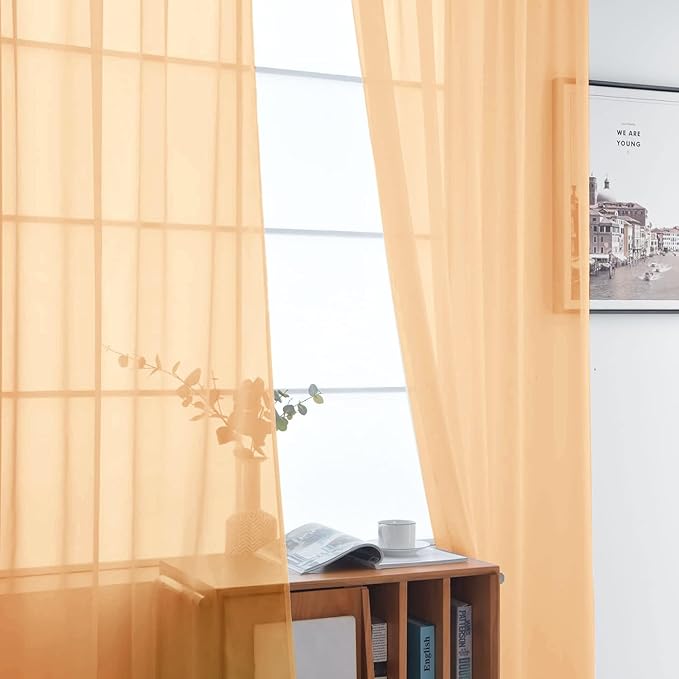 SpaceDresser Sheer Voile Window Treatment Rod Pocket Curtain Panels for Kitchen Bedroom Living Room Drapes Sunlight Filtering Privacy Semi Home Decor Assorted Colors Sizes (Beige, 52 W x 96 L)