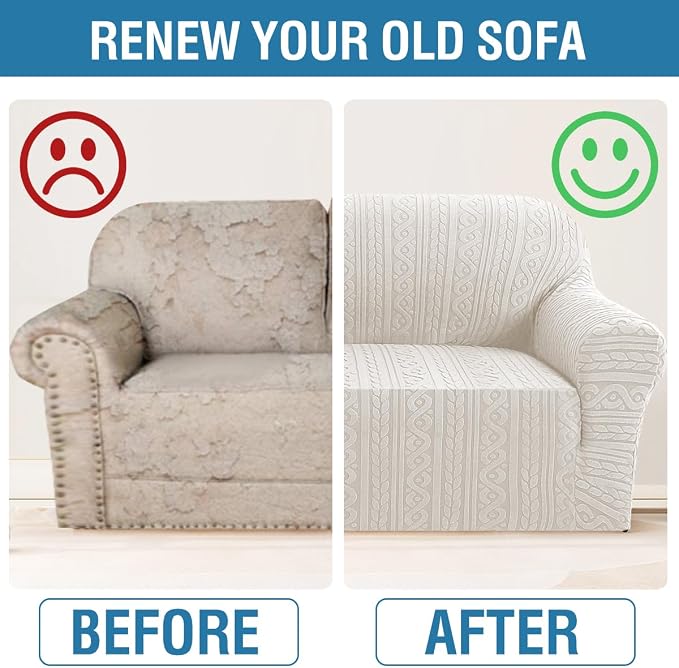 H.VERSAILTEX Sofa Covers 1 Piece Stretch Couch Cover for Dogs Washable Anti-Slip Couch Slipcover Soft Love Seat Couch Covers Upgrade Thick Jacquard Fabric with Spiral Pattern(58"-70", Pale Oak)