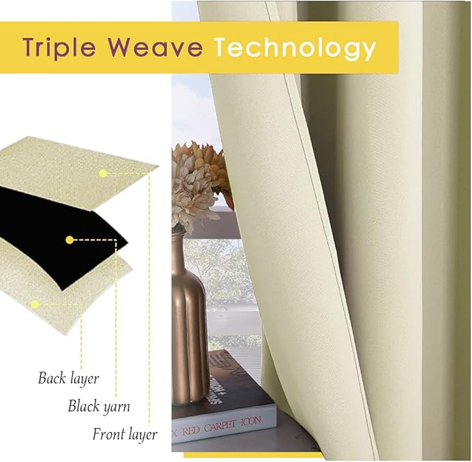 NICETOWN Blackout Curtains & Drapes for Bedroom, Beige, W34 x L48, Set of 2, Triple Weave Grommet Top Thermal Insulated Light Blocking Panels for Bathroom/Living Room