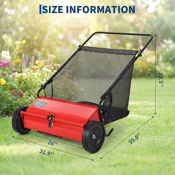 Steel 26 Inch Push Lawn Sweeper with 7 Cu ft Hopper Bag | Walk Behind Heavy Duty Leaf Collector and Yard Sweeper, Adjustable Brush Height for Patio Driveway & Garden Grass