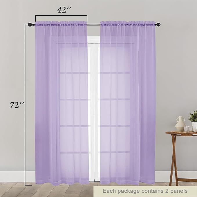 Lavender Sheer Curtain for Bedroom Living Room 72 Inches Long 2 Panels Set - Image 2