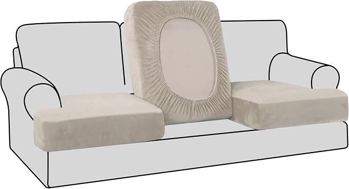 H.VERSAILTEX Stretch Velvet 3 Piece T Cushion Sofa Slipcovers for Living Room Individually Sofa Covers for 3 Seat Cushion Covers Stay with Elastic Bands (Sofa, French Oak)