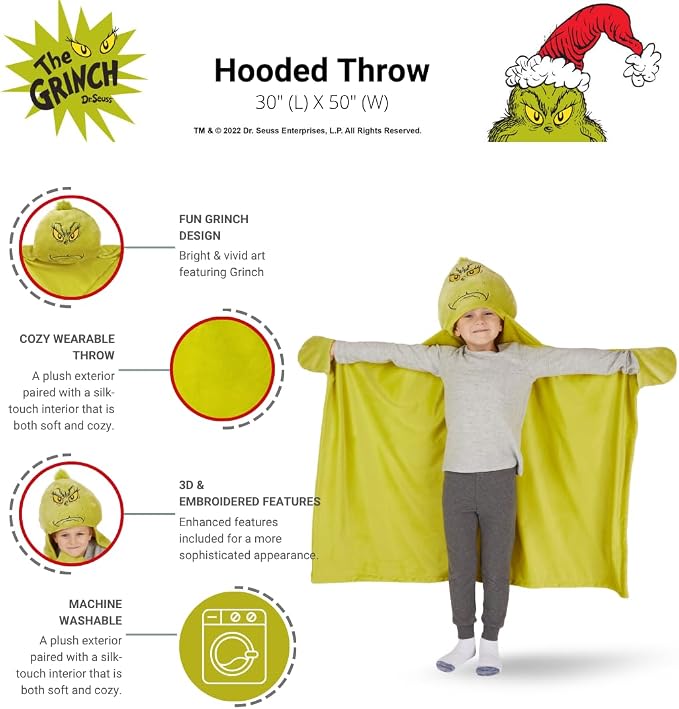 Grinch by Dr. Seuss Hooded Throw - Kids Christmas Bedding Super Soft Throw Blanket - 30 in x 50 in, (Officially Licensed Product) by Franco