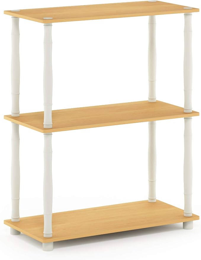 Furinno Turn-N-Tube 3-Tier Compact Multipurpose Shelf Display Rack with Classic Tube, Beech/White | Open Frame Corner Shelf, for Organization and Storage, Living Room, Garage, Home Office