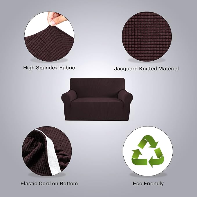 H.VERSAILTEX Stretch Love Seat Couch Covers Couch Slipcovers for 2 Cushion Couch Sofa Cover for Loveseat 1 Piece with Elastic Bottom, Textured Checked Jacquard Fabric(Loveseat 58"-70" Wide, Chocolate)