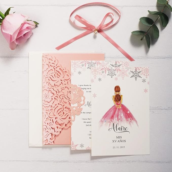 50PCS Pink Blank Quinceanera Invitation Cards with Envelopes 5x7.3 Inch Laser Cut Hollow Rose Pocket with Ribbon invitations for Quincenera Birthday Invite