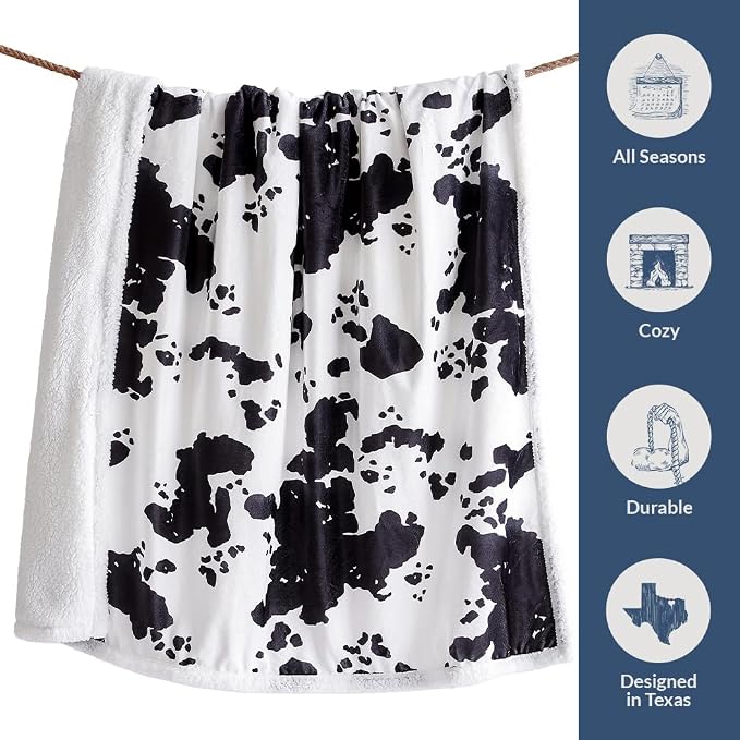Indigo Hill by HiEnd Accents Elsa Sherpa Cow Print Blanket, Black Cowhide Pattern Rustic Western Throw Blankets for Camping Outdoor, Animal Print Sherpa Fleece Blanket for Couch Sofa Bed, 54x68 inch