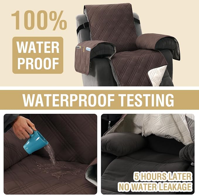 H.VERSAILTEX 100% Waterproof Oversized Recliner Cover 1-Piece Reversible Recliner Covers for Large Recliner with Elastic Straps Sitting Width Up to 28" (Oversized Recliner, Brown/Beige)