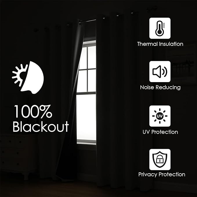 ChrisDowa 100% Blackout Curtains for Bedroom with Black Liner, 2 Thick Layers Total Blackout Thermal Insulated Grommet Small Window Curtains 2 Panels Set (Greyish White, 42 x 45 Inch)
