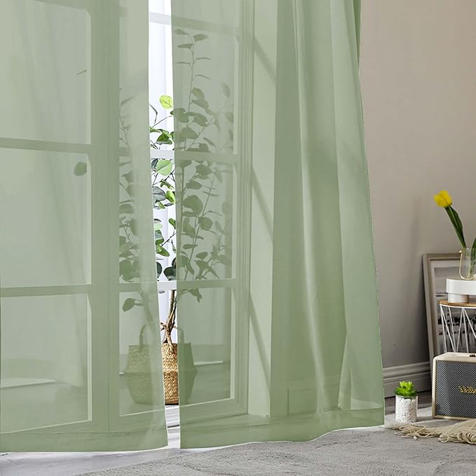 Sheer Sage Green Curtains for Bedroom Living Room 63 Inch Length 2 Panels, Airy Soft Light Filtering Sheer Dining Room Curtains, Modern Rod Pocket Drapes, Sage Green, Each 42" Wx63 L Inches