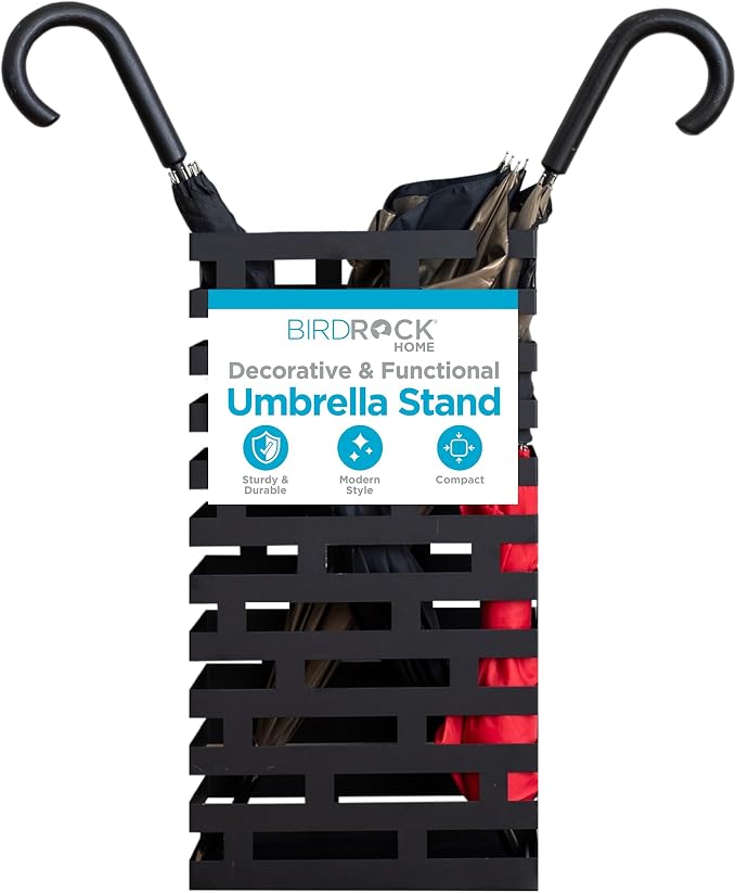 BIRDROCK HOME Decorative Umbrella Stand with Removable Water Tray - Large Freestanding Umbrella Rack and Cane Walking Stick Organizer - Metal Umbrella Holder for Entryway & Indoor Use - Black, Striped | Decorative Large Freestanding Rack and Cane Walki...