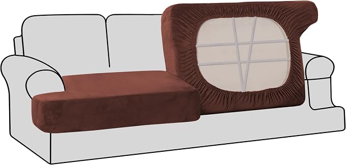 H.VERSAILTEX Stretch Velvet 2 Piece T Cushion Sofa Slipcovers for Living Room Individually Sofa Covers for 2 Cushion Seat Cushion Covers Stay with Elastic Bands (Sofa, Burnt Brick)