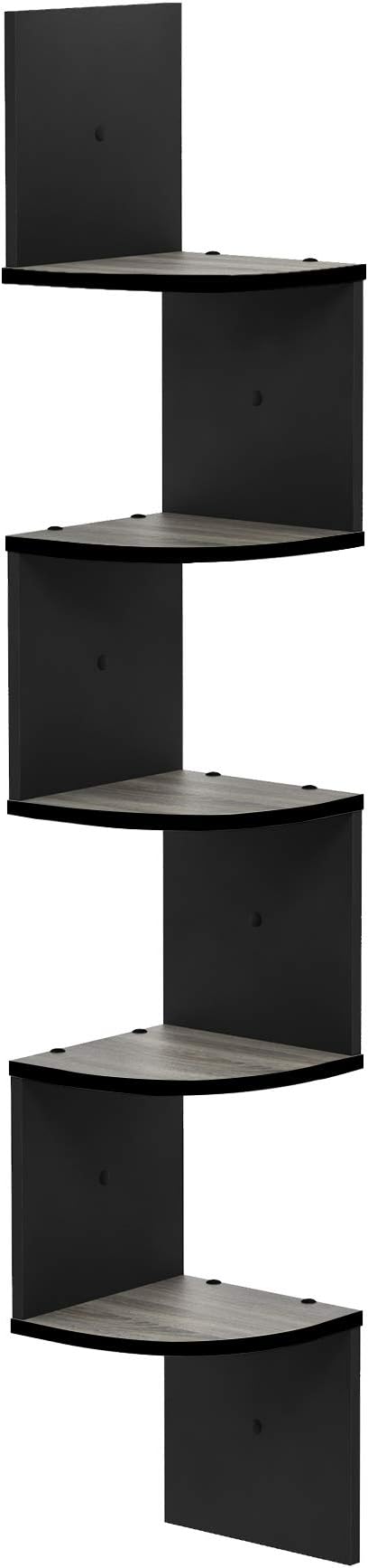 Furinno Rossi Wall Mount Floating Corner Shelf, 5-Tier Radial, French Oak Grey/Black
