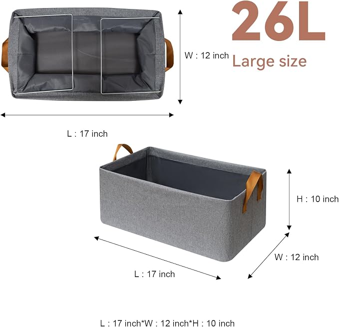6 Pack Closet Cloth Storage Bins with Handles（Grey 17''L x 12''W x 10''H）