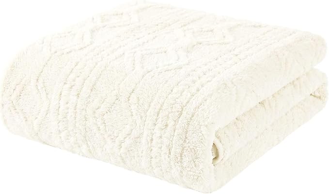 Superior Fleece Boho Jacquard Blanket, Decorative Blankets for Bedroom, Sofa, Fuzzy, Plush, Fluffy, Soft, Cute Room Decor, Beautiful Cover, Comfort Essentials, Arctic Collection, Full/Queen, Ivory