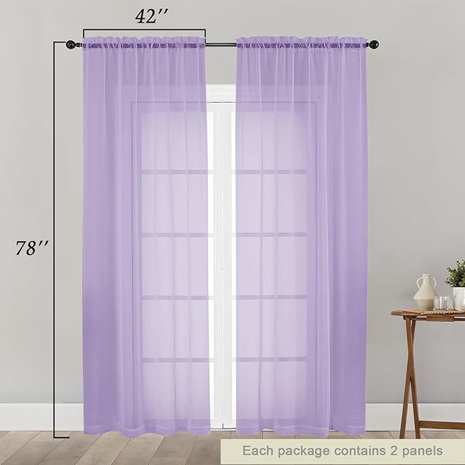 Lavender Sheer Curtain for Bedroom Living Room 78 Inches Long 2 Panels Set - Image 2