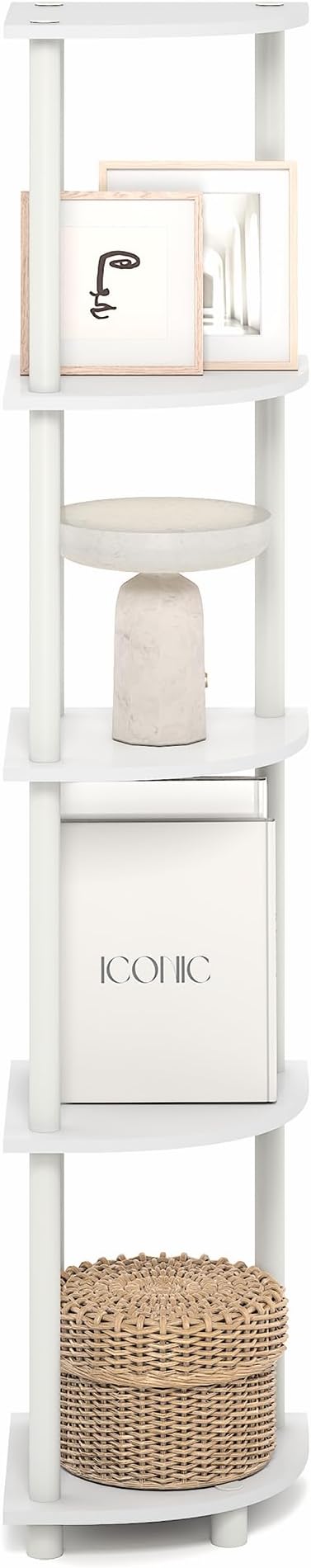 Furinno Turn-N-Tube Corner Shelf, 5-Tier Corner Bookshelf, Open Storage Shelves, for Organization and Storage, Living Room, Home Office, Garage, Bedroom, Plain White