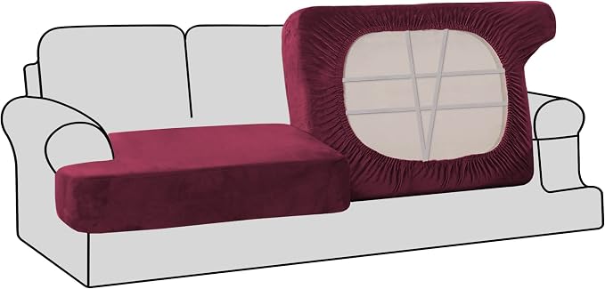 H.VERSAILTEX Stretch Velvet 2 Piece T Cushion Sofa Slipcovers Individually Sofa Cushion Covers for 2 Cushion Couch Seat Cushion Covers Stay in Place (Sofa, Burgundy)