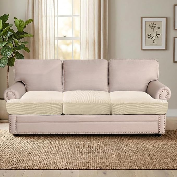 H.VERSAILTEX Stretch 3 Piece T Cushion Sofa Slipcovers Individually Sofa Cushion Covers for 3 Cushion Couch Sofa Seat Cushion Covers with Elastic Bands Featuring Thicker Jacquard Fabric, Natural
