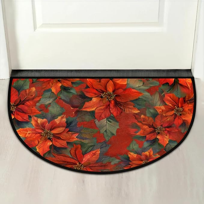 cfpolar Half Round Door Mat Christmas Poinsettia Semi Circle Non-Slip Bathroom Floor Rug, Outdoor Welcome Entrance Way Mat Indoor Absorbent Kitchen Mat for Bathroom,Garage,Bedroom 36" x 24" A-15