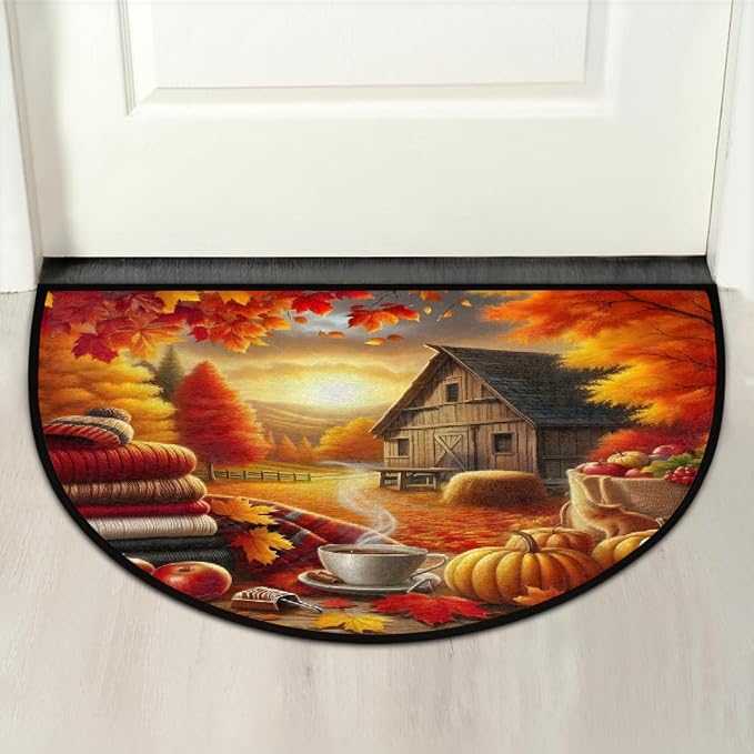 Fall Half Round Doormat Non-Slip Semi Circle Rug Half Moon Mat | Pumpkin Farm Maple Washable Soft Absorbent Indoor Outdoor Entrance Kitchen Bathroom Sink Patio Welcome Fireplace Floor Rug