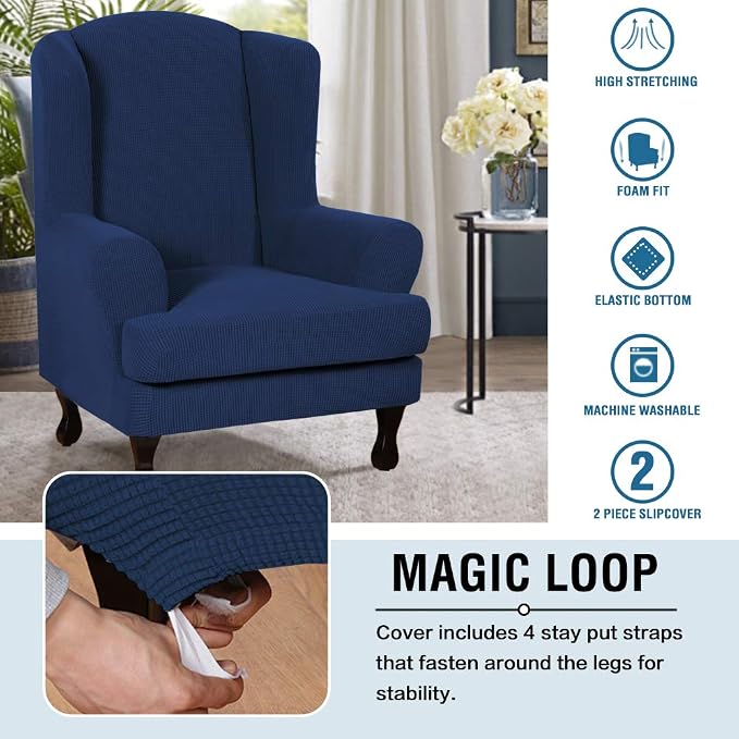 H.VERSAILTEX 2 Piece Stretch Jacquard Wingback Chair Covers Slipcovers Wing Chair Covers (Base Cover Plus Seat Cushion Cover) Furniture Covers for Wingback Chairs, Form Fitted Thick Soft, Navy