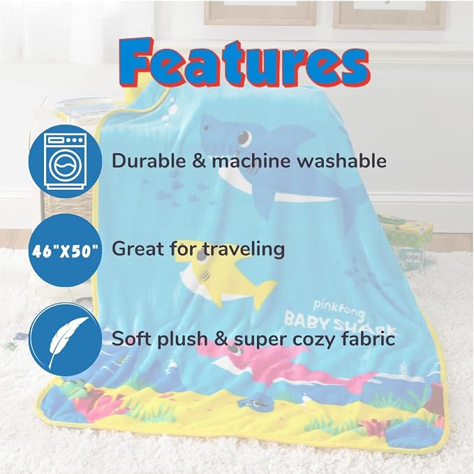 Franco Baby Shark Kids Bedding Super Soft Silk Touch Throw, 40 in x 50 in, (Official Licensed Product) (Pack of 3)