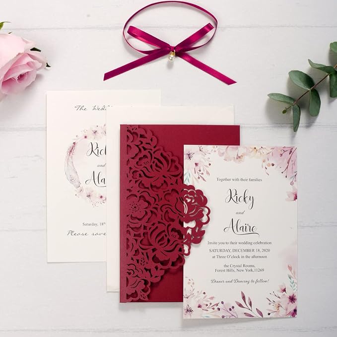 50PCS Burgundy Customized Wedding Invitation with Envelopes Laser Cut Hollow Flora Pocket with Ribbon Invitations for Wedding Engagement Quincenera Invites