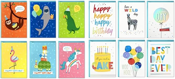 Hallmark Birthday Cards for Kids Assortment, 48 Cards with Envelopes (Dinosaurs, Sloths, Unicorns, Flamingos, Turtles, Sharks) & Birthday Cards Assortment, 24 Cards