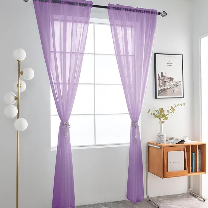 SpaceDresser Sheer Voile Window Treatment Rod Pocket Curtain Panels for Kitchen Bedroom Living Room Drapes Sunlight Filtering Privacy Semi Home Decor Assorted (Lavender, 52 W x 72 L)