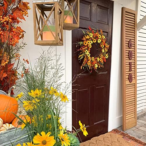20" Artificial Fall Wreath for Front Door Orange Daisy Autumn Wreath with Colorful Wildflowers and Autumn Foliage Farmhouse Fall Door Wreath for Harvest Thanksgiving Fall Decorations - Image 4