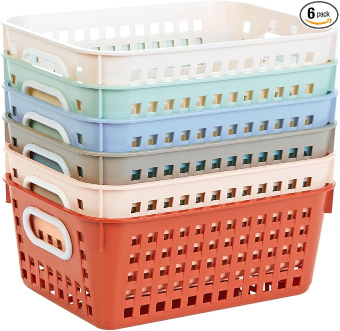 Really Good Stuff Medium Plastic Book Baskets, 11" by 7.5" by 4.5", 6-Pack | Boho Group Colors, Versatile Storage Solution for Classroom, Home, and Office