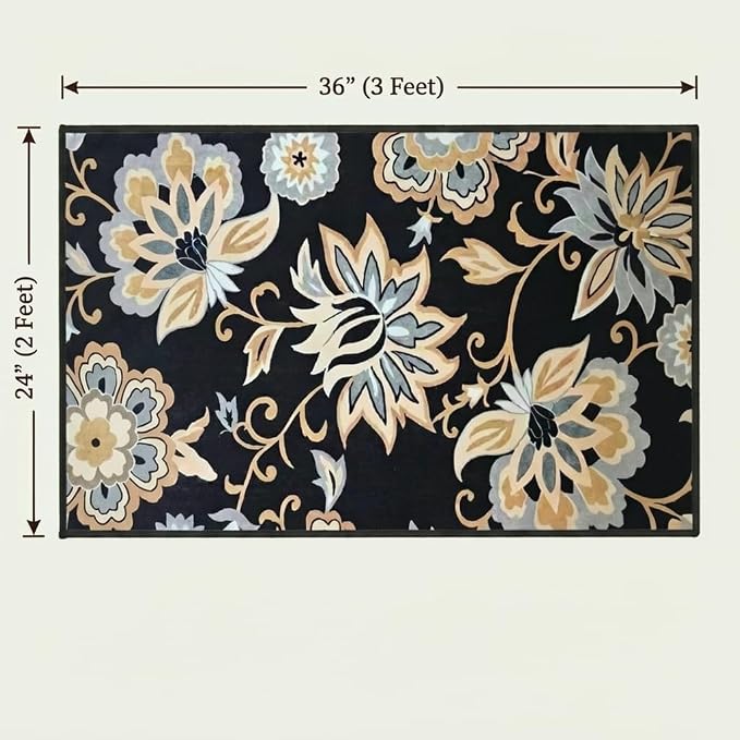 Floral Washable Entry Rug 2x3, Water Resistant Non Slip Ultra Thin Vintage Doormat, Throw Stain Resistant Small Kitchen Rug Indoor, Black Print Boho Cute Carpet, for Bedroom, Entryway, Laundry Room