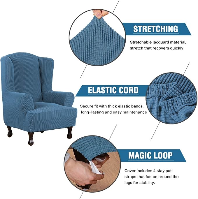 H.VERSAILTEX Wing Chair Slipcover Chair Covers for Wingback Chairs Wingback Chair Covers Slipcovers 1 Piece Stretch Sofa Cover Furniture Protector Soft Spandex Jacquard Checked Pattern, Dusty Blue