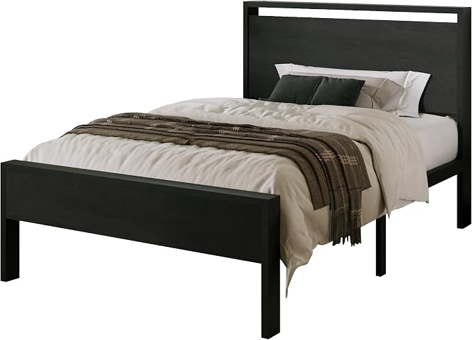 Allewie Twin Size Bed Frame, Heavy Duty 12 Metal Slats Support, Black Oak | Wooden Headboard and Footboard, Modern Platform Bed, No Box Spring Needed, Under-Bed Storage, Noise Free, Easy Assembly