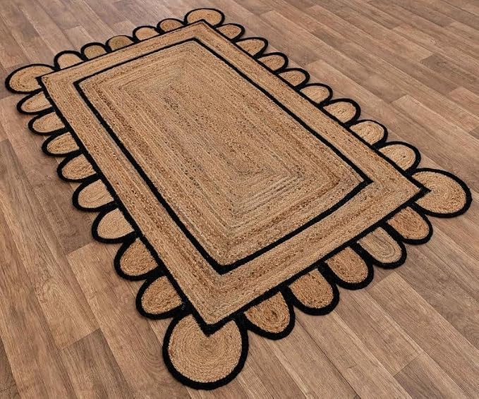 Scalloped Natural Jute Area Rug for Bedroom Living Room, Kitchen, Patio, Hallway, Entryway, Indoor, Outdoor, Farmhouse, Modern Carpet, Door Mat, Black, 2x6 ft.
