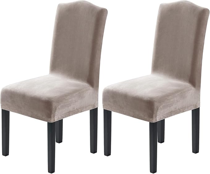 H.VERSAILTEX Velvet Dining Chair Covers Stretch Chair Covers for Dining Room Set of 2 Parson Chair Slipcovers Chair Protectors Covers Dining, Soft Thick Solid Velvet Fabric Washable, Taupe