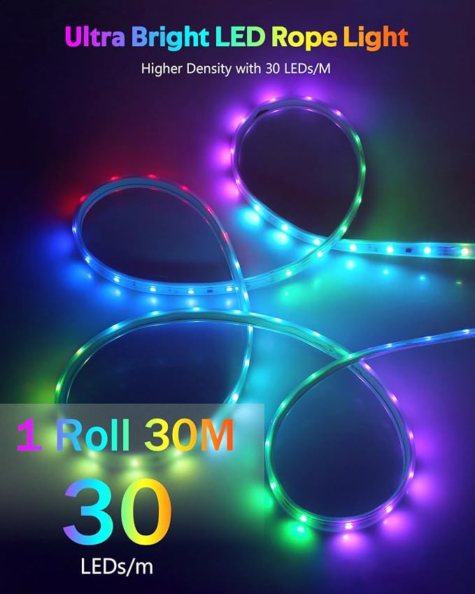 ALITOVE Permanent Outdoor LED Strip Lights 100FT Waterproof 24V RGB IC | Addressable 24 Volt LED Rope Lights, Music Sync with Remote APP Control, for Wall Patio Eave Garden Pool Party Decor