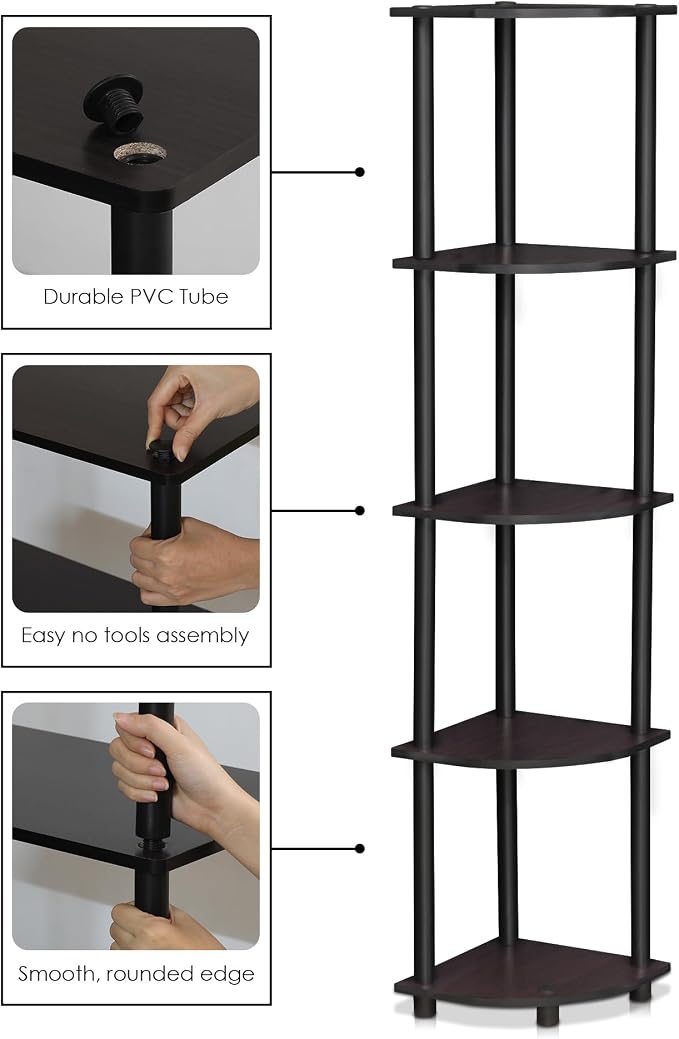 Furinno TURN-N-TUBE Corner Shelf, 5-Tier Corner Bookshelf, Open Storage Shelves, for Organization and Storage, Living Room, Home Office, Garage, Bedroom, Dark Walnut