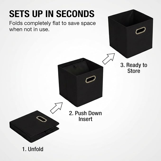 Household Essentials Foldable Fabric Storage Bins 6 Piece Set, Strong Poly-Woven Fabric, Sturdy Chipboard Sides, Grommet Front Handle, Stackable, Classic Design, Black