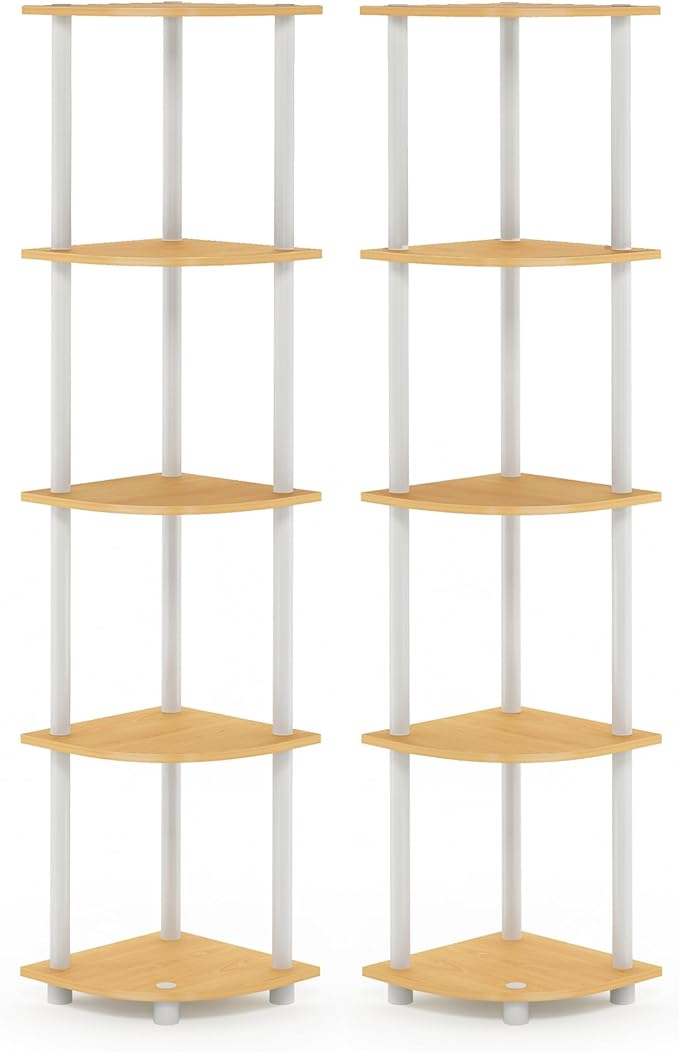 Furinno Turn-N-Tube Corner Shelf Set of 2, 5-Tier Corner Bookshelf, Open Storage Shelves, for Organization and Storage, Living Room, Home Office, Garage, Beech