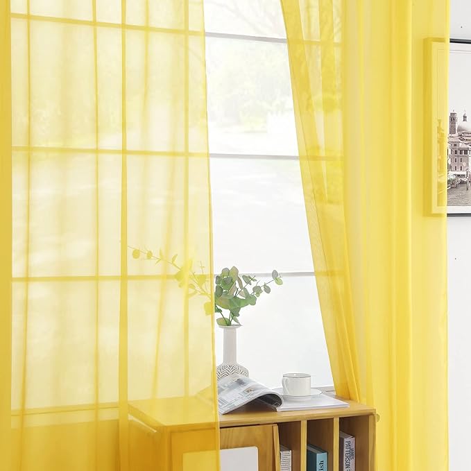 youleyar Solid Sheer Rod Pocket Curtain Voile Draperies 2 Panels White Beige Black Grey Coffee 52 Inch Width 63 Inch Long 1 Pair for Kitchen Bedroom Children Living Room Yard (Yellow,52Wｘ63L)