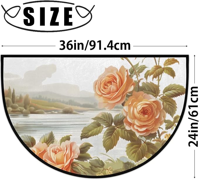 cfpolar Half Round Door Mat Vintage Rose Flower Non-Slip Semi Circle Area Rug Washable Half Moon Hearth Rugs for Indoor Outdoor Bathroom Kitchen Patio Runner Mat Laundry Room Home Decoration