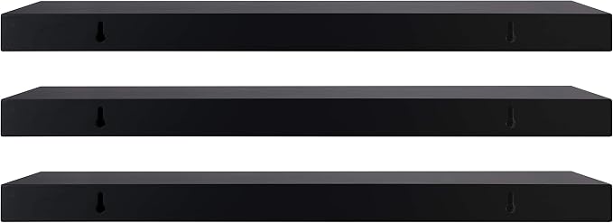 Kiera Grace Set of Three Maine Simple & Classic Decorative Engineered Wood Floating Wall Shelves for Home, Room, & Office, 24" L x 4.75" W x 3" H, Black